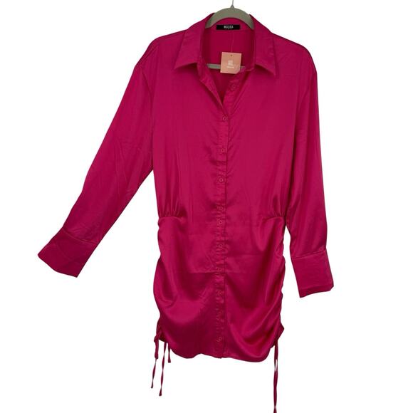 Miss Lola Satin Shirt Dress size Medium Pink Button Up Long Sleeve Cinch Sides - Picture 1 of 12